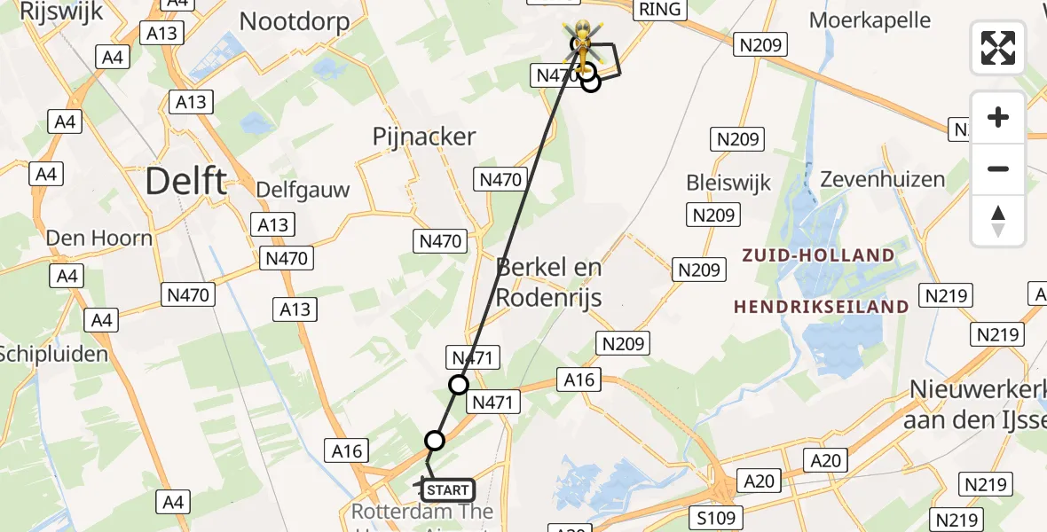 Vluchtroute Traumahelikopter van Rotterdam The Hague Airport naar Zoetermeer