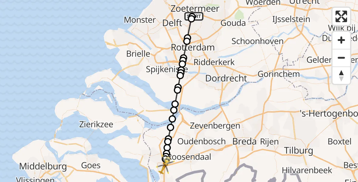 Vluchtroute Traumahelikopter van Zoetermeer naar Bergen op Zoom