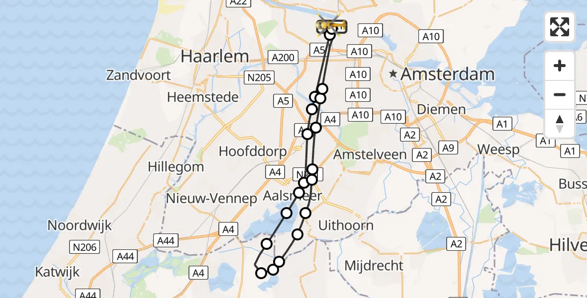 Vluchtroute Traumahelikopter van Amsterdam Heliport naar Amsterdam Heliport