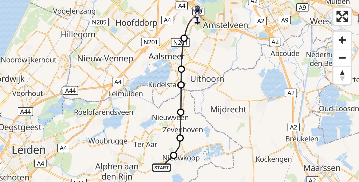 Vluchtroute Politiehelikopter van Aarlanderveen naar Amsterdam Vliegveld Schiphol