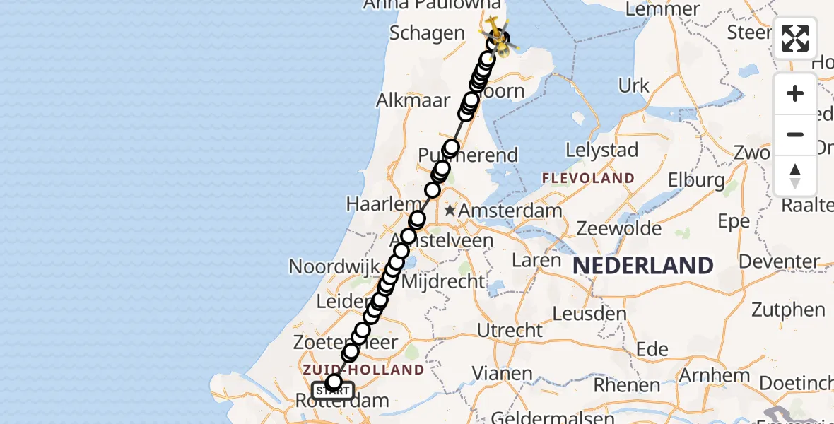 Vluchtroute Traumahelikopter van Rotterdam The Hague Airport naar Wieringerwerf