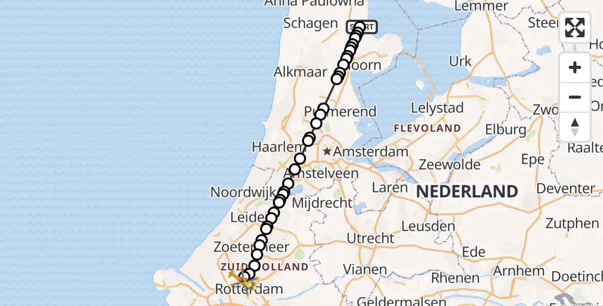 Vluchtroute Traumahelikopter van Wieringerwerf naar Rotterdam The Hague Airport