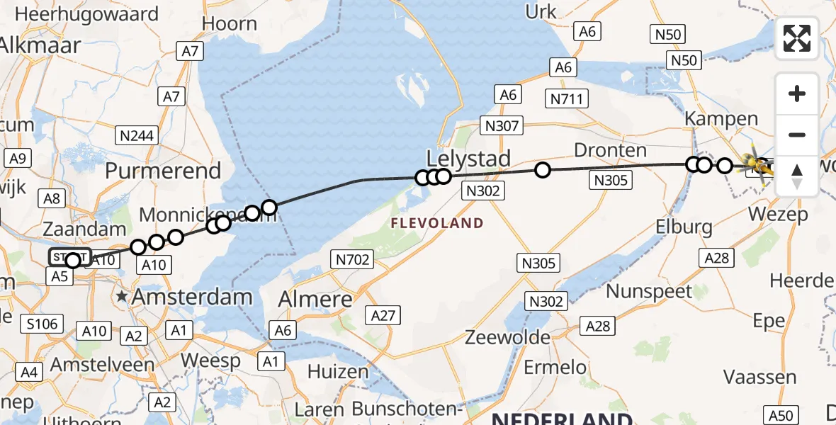 Vluchtroute Traumahelikopter van Amsterdam Heliport naar Zalk