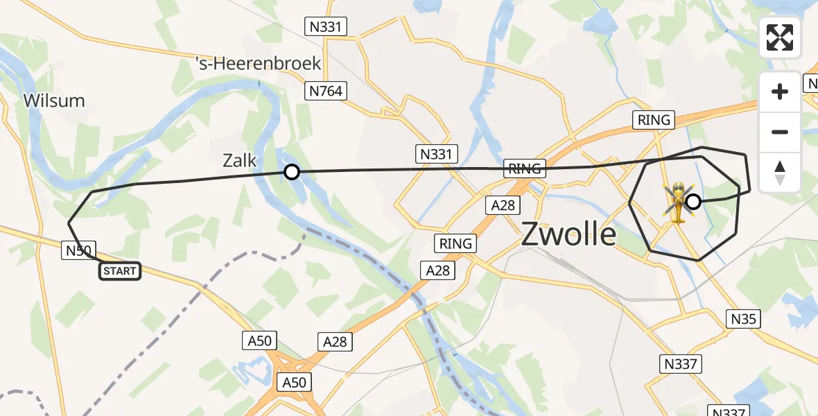 Vluchtroute Traumahelikopter van Zalk naar Isala Hospital Zwolle Heliport