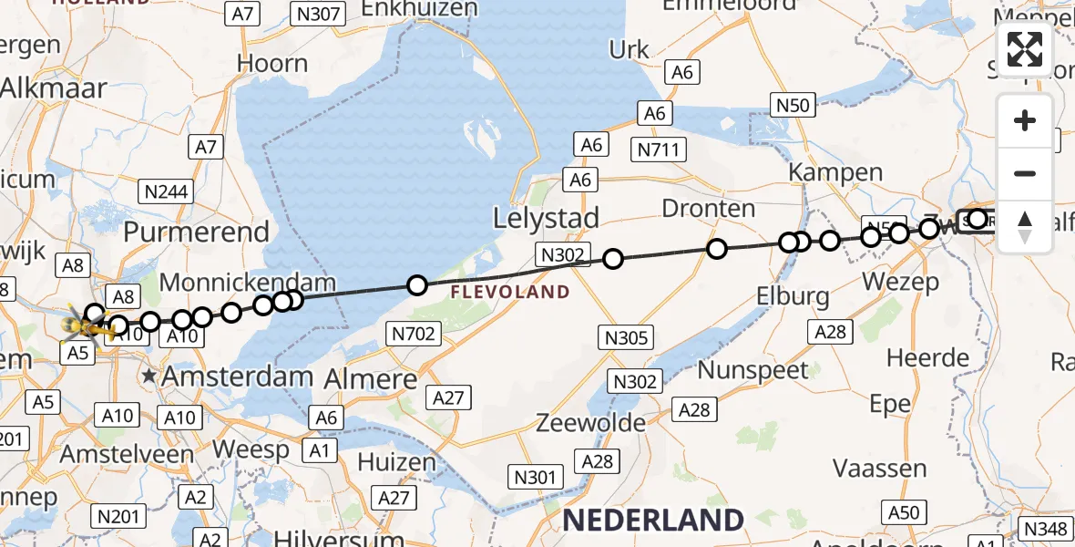 Vluchtroute Traumahelikopter van Isala Hospital Zwolle Heliport naar Amsterdam Heliport