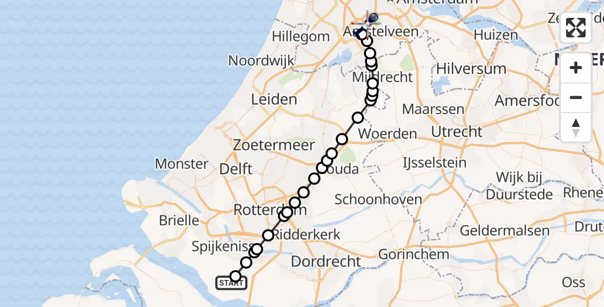 Vluchtroute Politiehelikopter van Zuid-Beijerland naar Amsterdam Vliegveld Schiphol