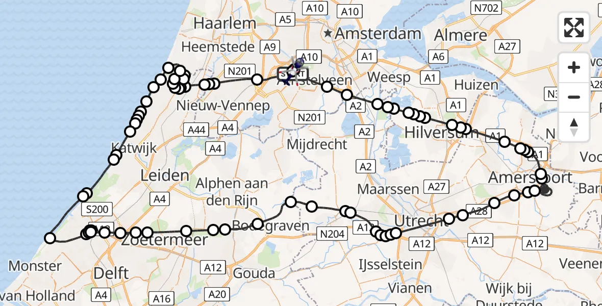 Vluchtroute Politiehelikopter van Amsterdam Vliegveld Schiphol naar Amsterdam Vliegveld Schiphol