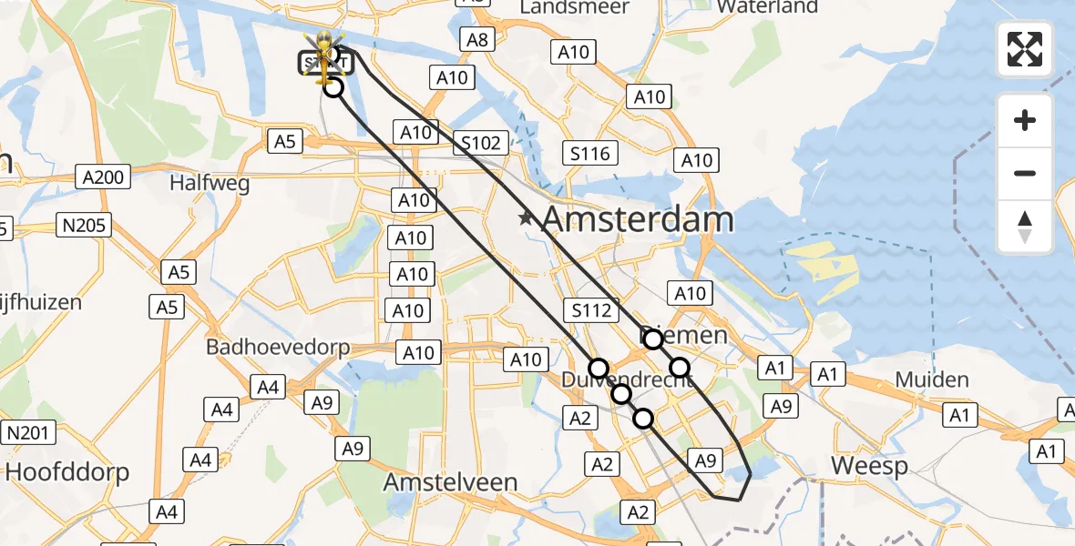 Vluchtroute Traumahelikopter van Amsterdam Heliport naar Amsterdam Heliport