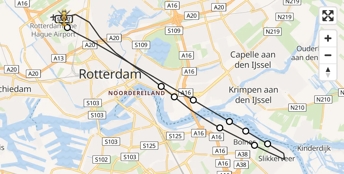 Vluchtroute Traumahelikopter van Rotterdam The Hague Airport naar Rotterdam The Hague Airport