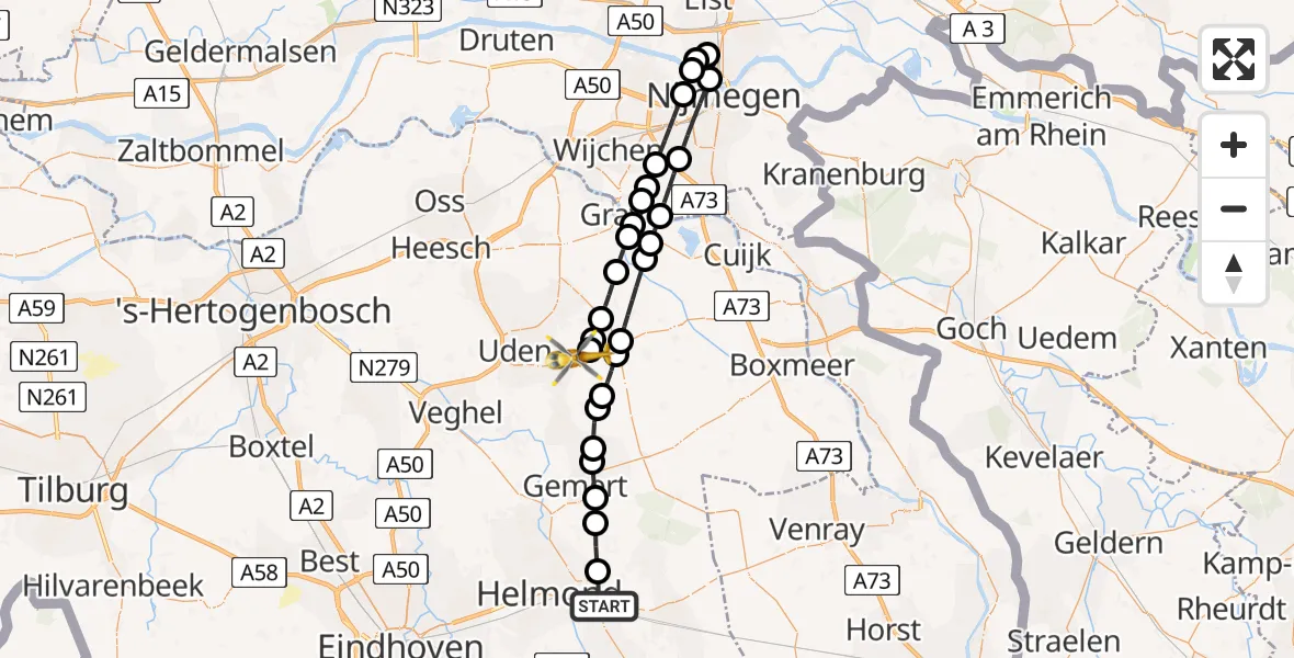 Vluchtroute Traumahelikopter van Helmond naar Vliegbasis Volkel