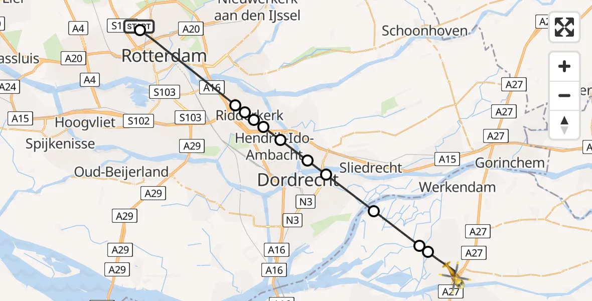 Vluchtroute Traumahelikopter van Rotterdam The Hague Airport naar Hank