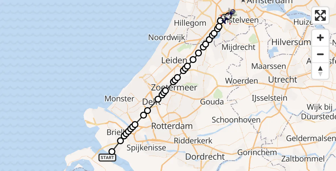 Vluchtroute Politiehelikopter van Deltageul naar Amsterdam Vliegveld Schiphol