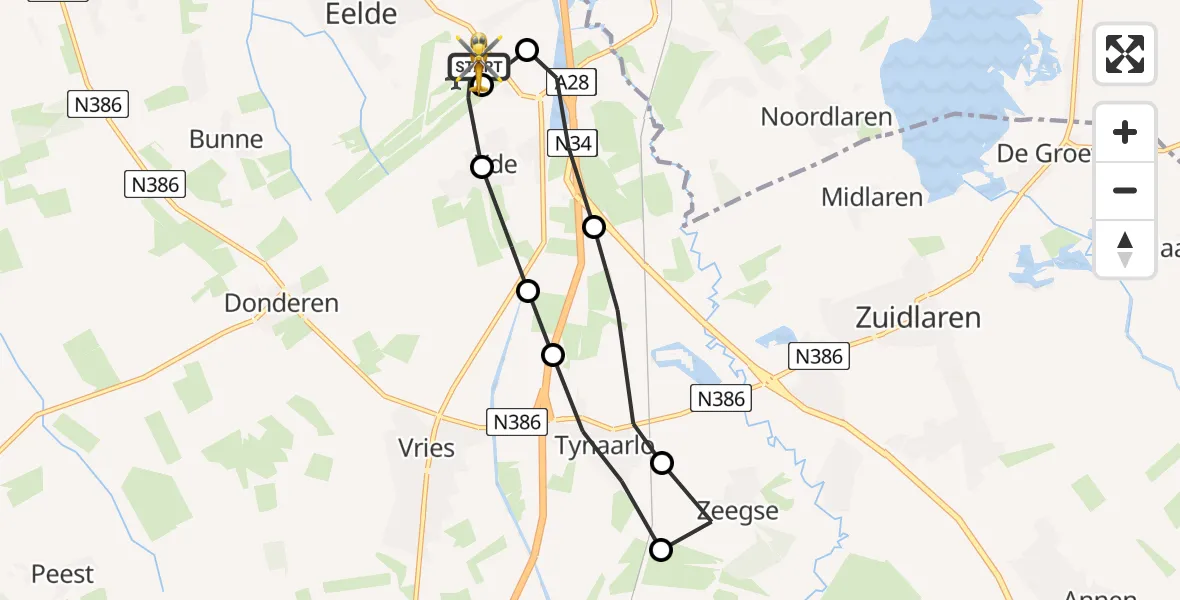 Vluchtroute Traumahelikopter van Groningen Airport Eelde naar Groningen Airport Eelde