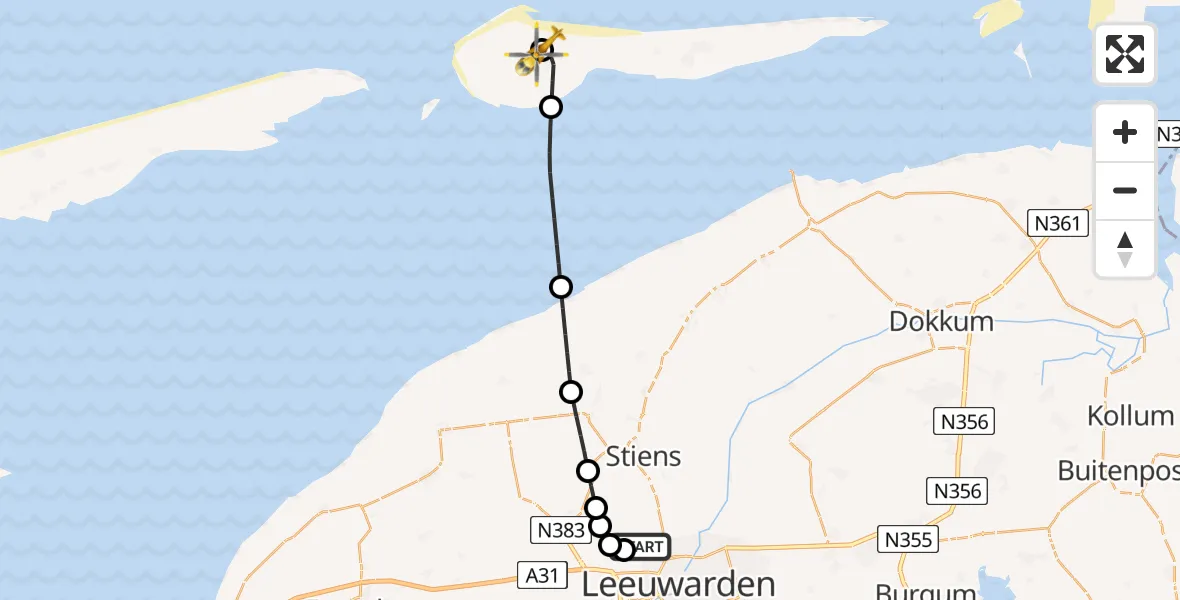 Vluchtroute Ambulancehelikopter van Vliegbasis Leeuwarden naar Ameland Vliegveld Ballum