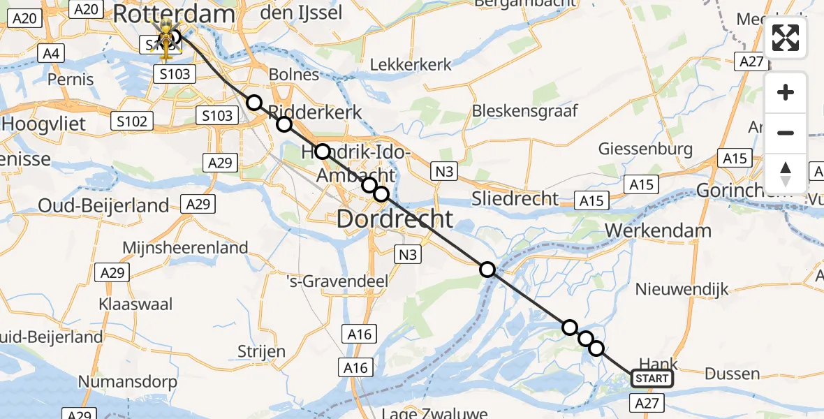 Vluchtroute Traumahelikopter van Hank naar Leids Universitair Medisch Centrum (LUMC)