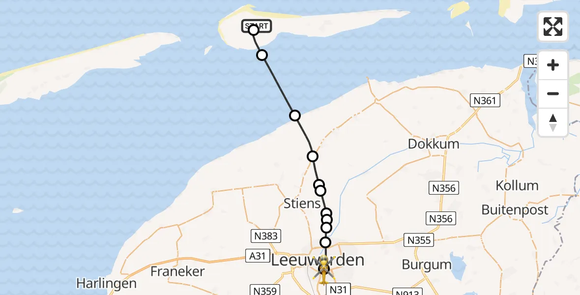 Vluchtroute Ambulancehelikopter van Ameland Vliegveld Ballum naar Leeuwarden Medical Center Heliport