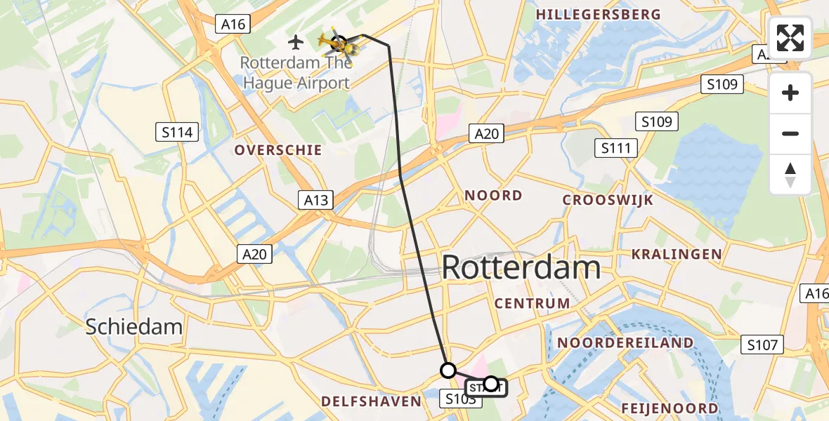 Vluchtroute Traumahelikopter van Leids Universitair Medisch Centrum (LUMC) naar Rotterdam The Hague Airport