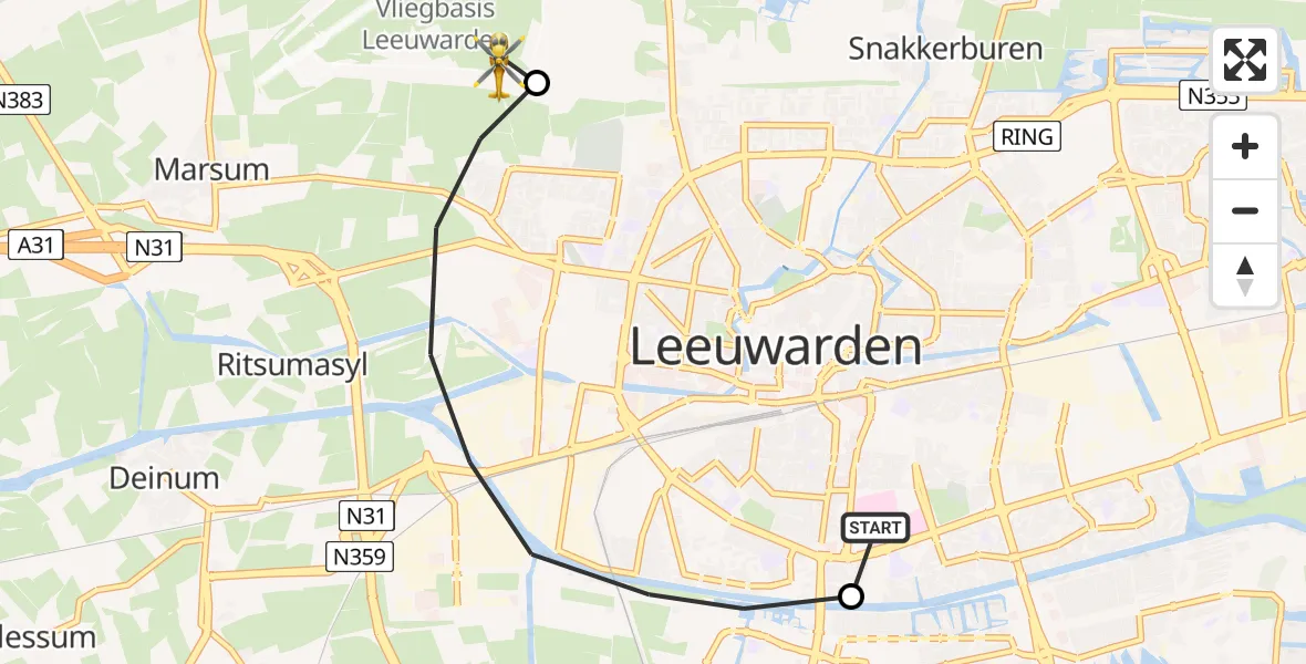 Vluchtroute Ambulancehelikopter van Leeuwarden Medical Center Heliport naar Vliegbasis Leeuwarden