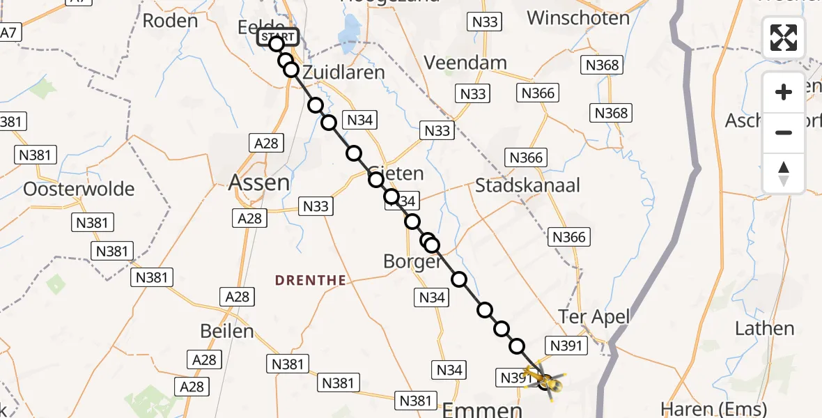 Vluchtroute Traumahelikopter van Groningen Airport Eelde naar Emmer-Compascuum
