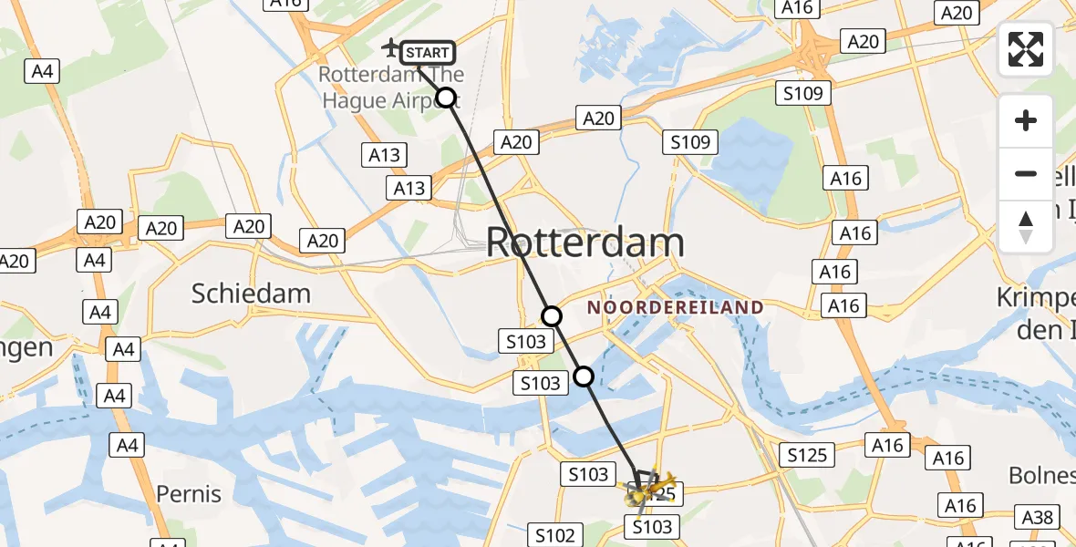 Vluchtroute Traumahelikopter van Rotterdam The Hague Airport naar Rotterdam