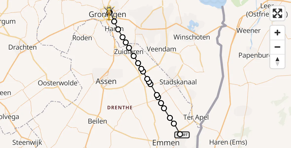 Vluchtroute Traumahelikopter van Emmer-Compascuum naar Universitair Medisch Centrum Groningen