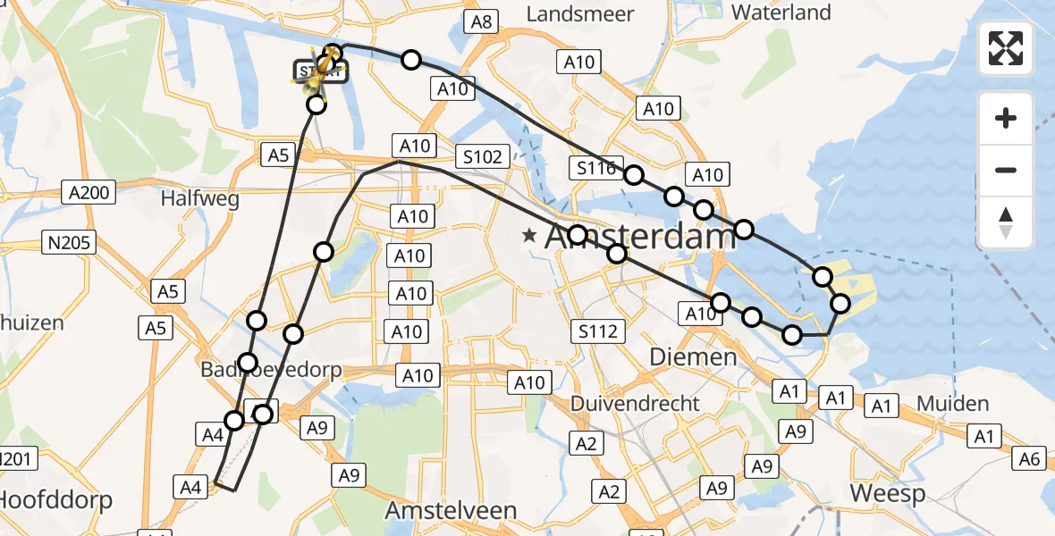 Vluchtroute Traumahelikopter van Amsterdam Heliport naar Amsterdam Heliport