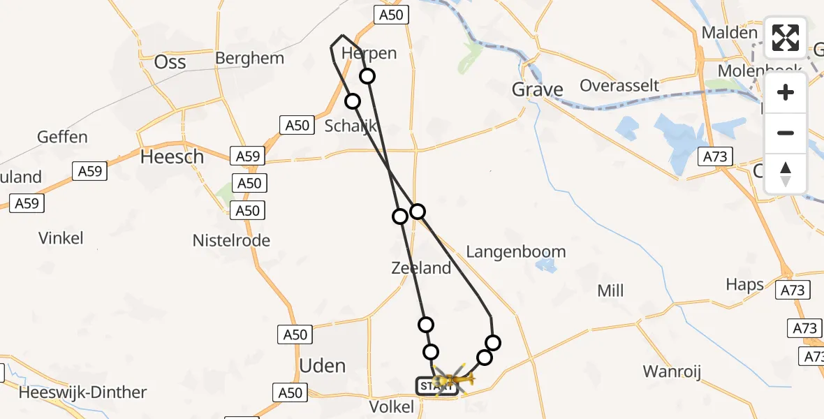 Vluchtroute Traumahelikopter van Vliegbasis Volkel naar Vliegbasis Volkel