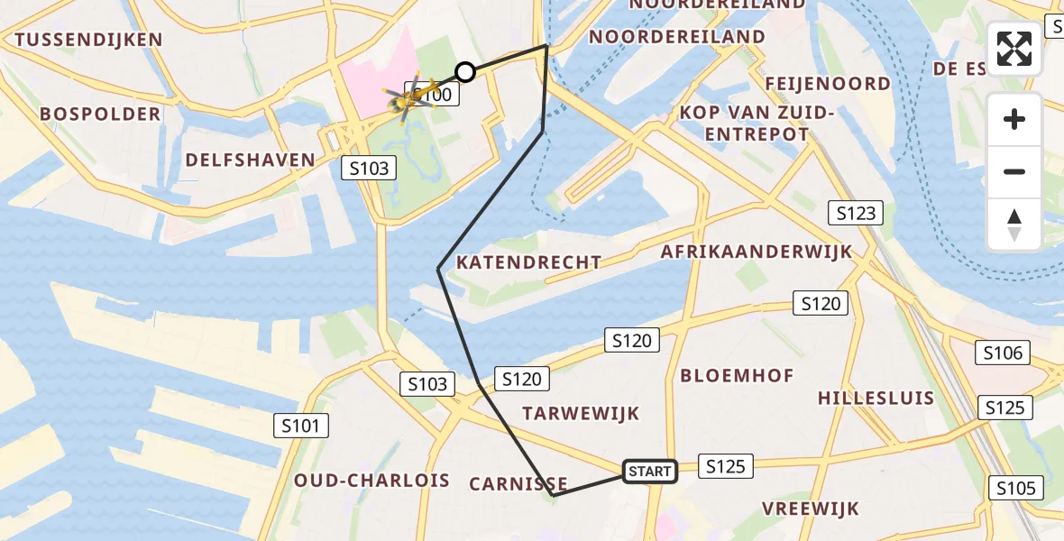 Vluchtroute Traumahelikopter van Rotterdam naar Leids Universitair Medisch Centrum (LUMC)