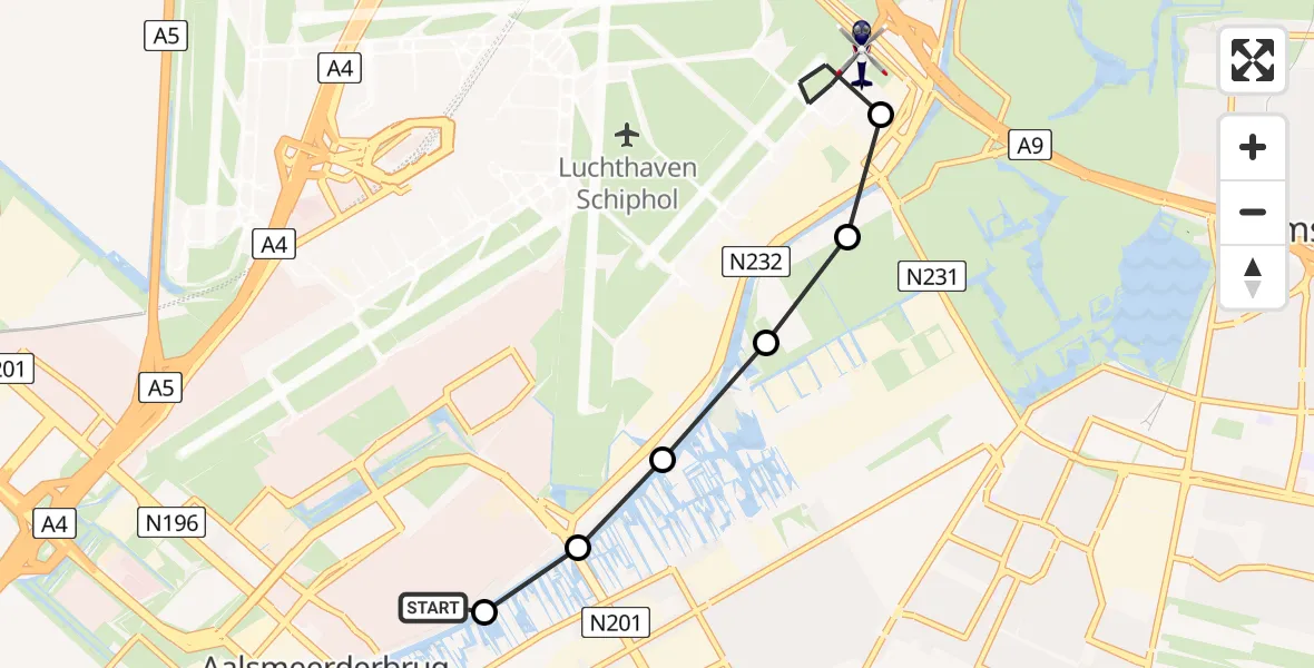 Vluchtroute Politiehelikopter van Aalsmeerderbrug naar Amsterdam Vliegveld Schiphol