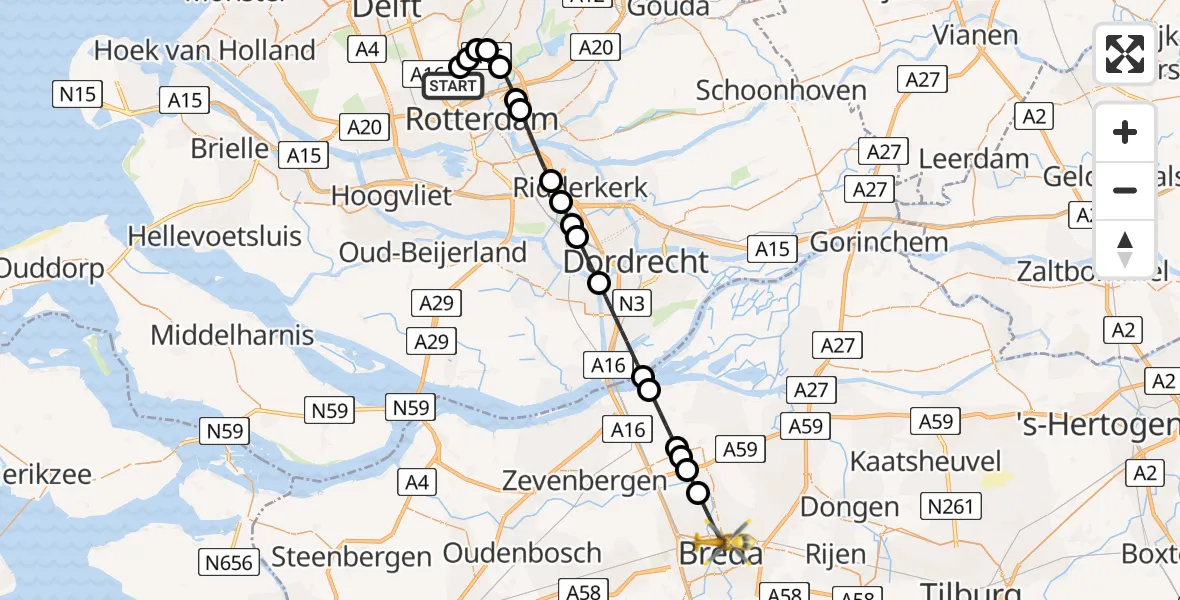 Vluchtroute Traumahelikopter van Rotterdam The Hague Airport naar Breda