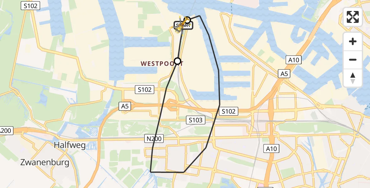 Vluchtroute Traumahelikopter van Amsterdam Heliport naar Amsterdam Heliport