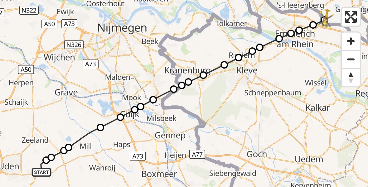 Vluchtroute Traumahelikopter van Vliegbasis Volkel naar Netterden