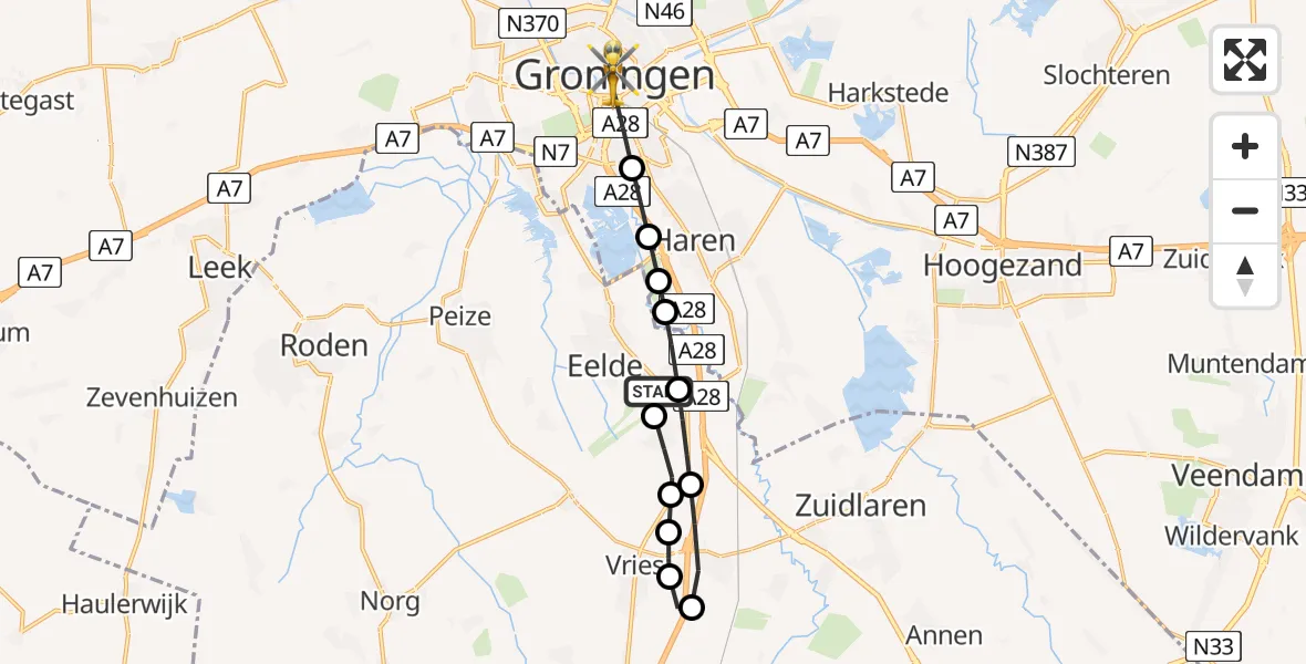 Vluchtroute Traumahelikopter van Groningen Airport Eelde naar Groningen