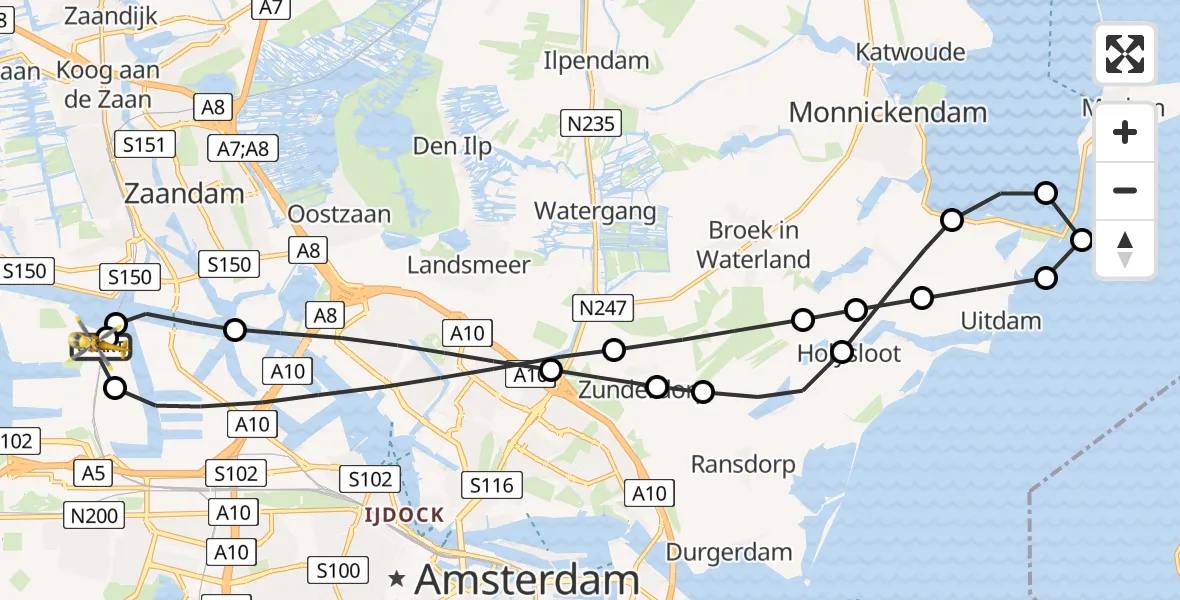 Vluchtroute Traumahelikopter van Amsterdam Heliport naar Amsterdam Heliport