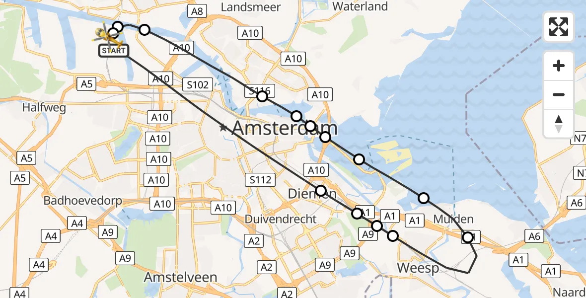 Vluchtroute Traumahelikopter van Amsterdam naar Amsterdam Heliport