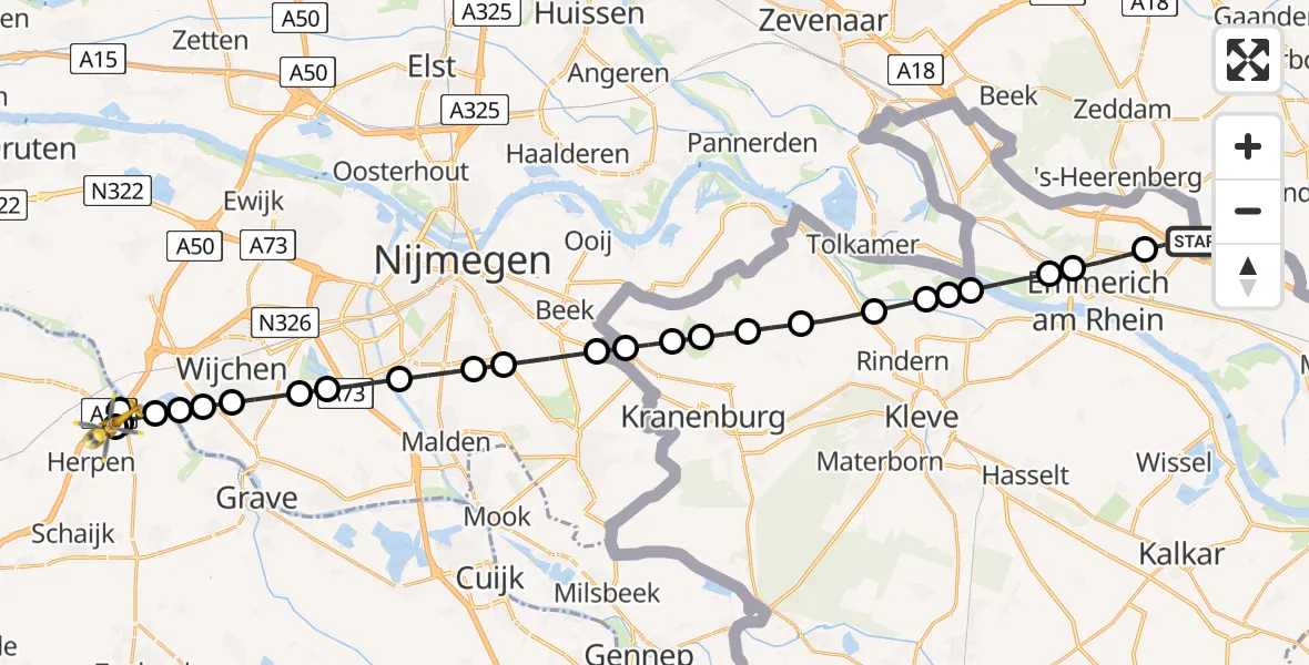 Vluchtroute Traumahelikopter van Emmerich am Rhein naar Ravenstein