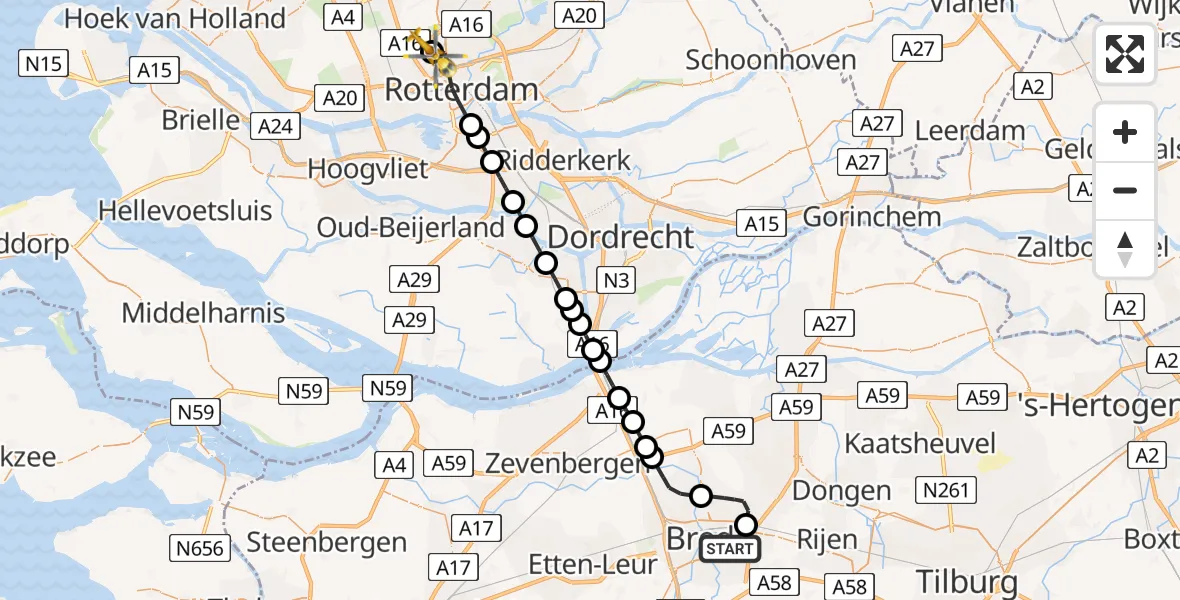 Vluchtroute Traumahelikopter van Breda naar Rotterdam The Hague Airport