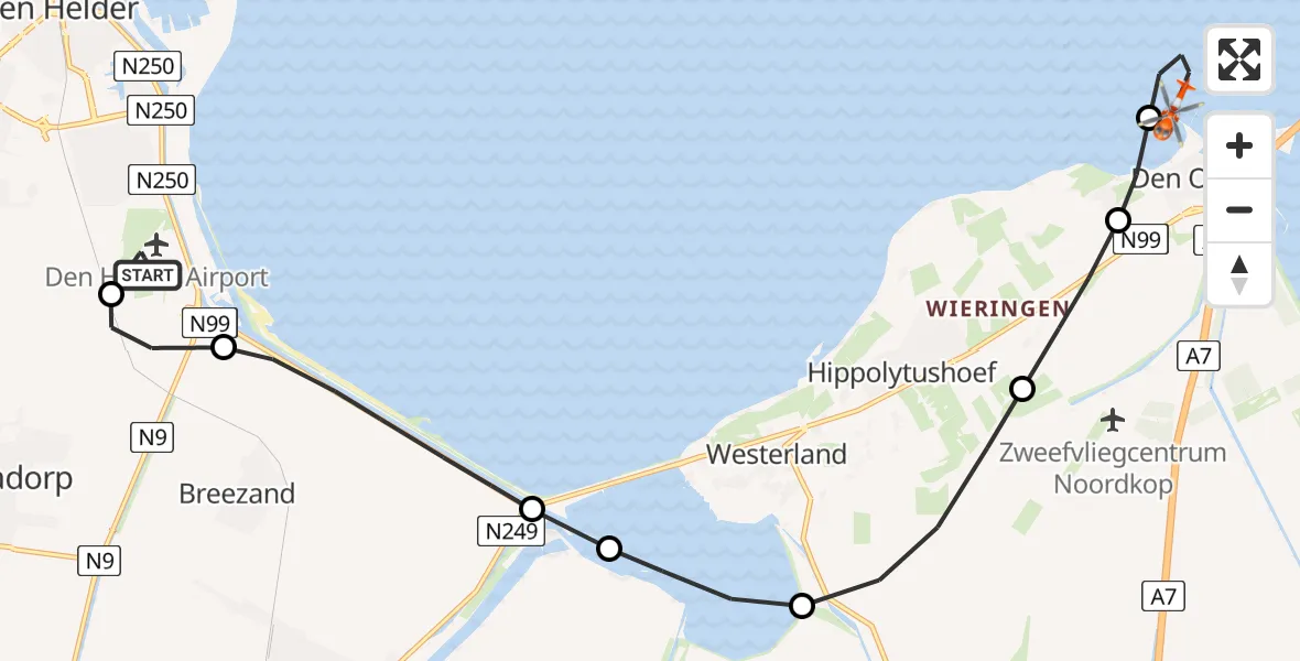Vluchtroute Kustwachthelikopter van Militair vliegveld De Kooy / Den Helder Airport naar Waddenzee
