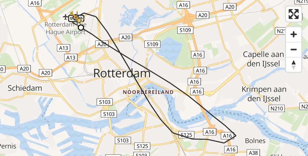 Vluchtroute Traumahelikopter van Rotterdam The Hague Airport naar Rotterdam The Hague Airport