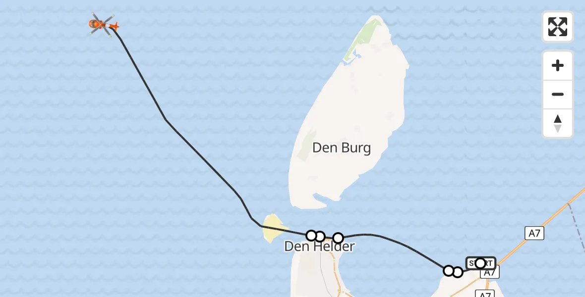 Vluchtroute Kustwachthelikopter van Waddenzee naar Noordzee