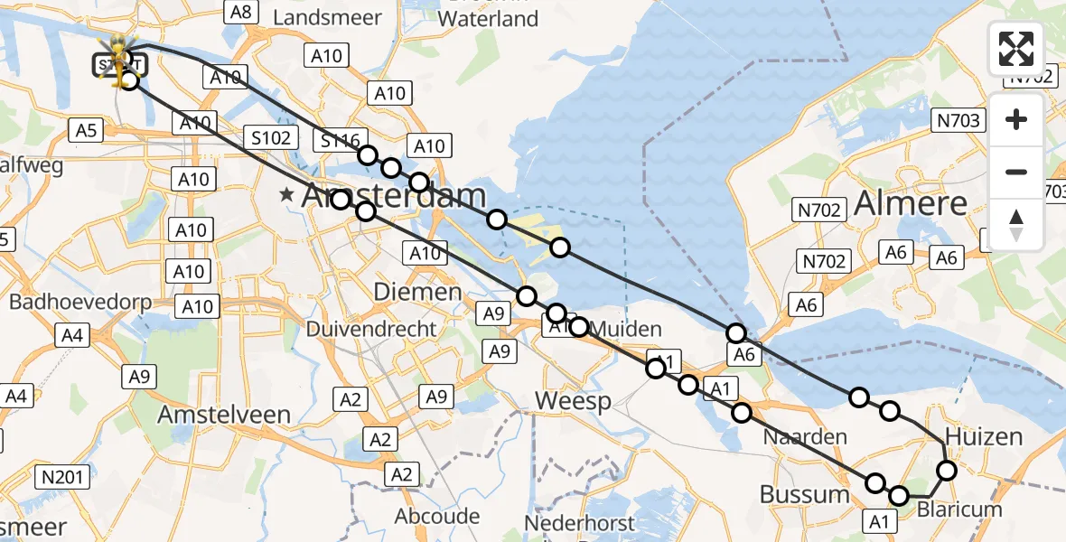Vluchtroute Traumahelikopter van Amsterdam Heliport naar Amsterdam Heliport