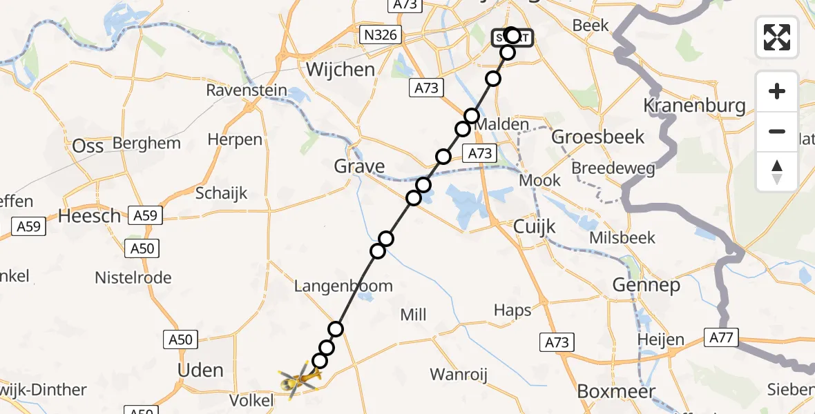 Vluchtroute Traumahelikopter van Radboud Universitair Medisch Centrum naar Vliegbasis Volkel