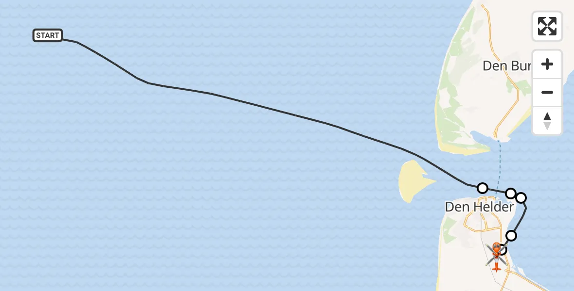 Vluchtroute Kustwachthelikopter van Noordzee naar Militair vliegveld De Kooy / Den Helder Airport
