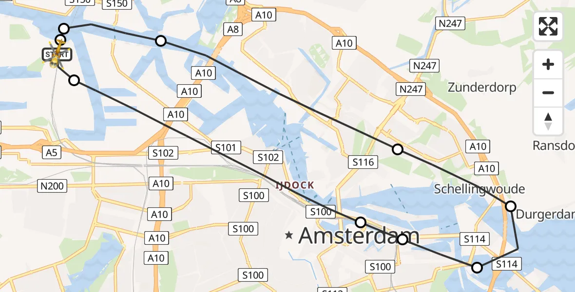 Vluchtroute Traumahelikopter van Amsterdam Heliport naar Amsterdam Heliport