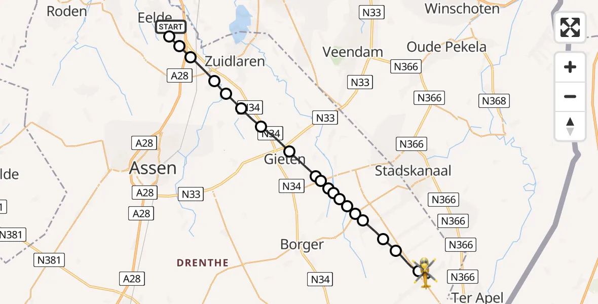 Vluchtroute Traumahelikopter van Groningen Airport Eelde naar Valthermond