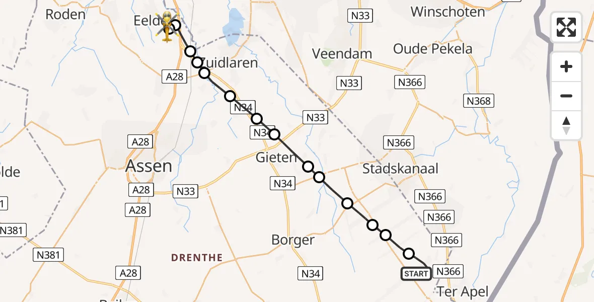 Vluchtroute Traumahelikopter van Valthermond naar Groningen Airport Eelde