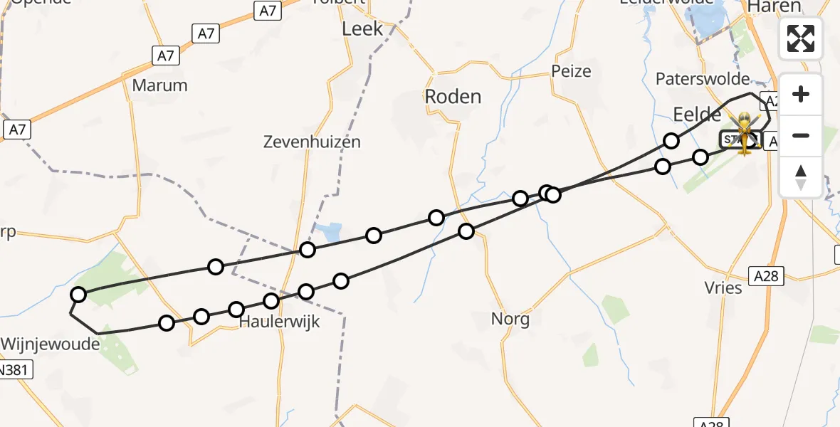Vluchtroute Traumahelikopter van Groningen Airport Eelde naar Groningen Airport Eelde