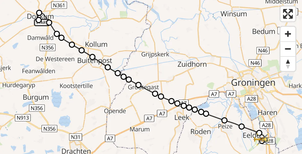 Vluchtroute Traumahelikopter van Dokkum naar Groningen Airport Eelde
