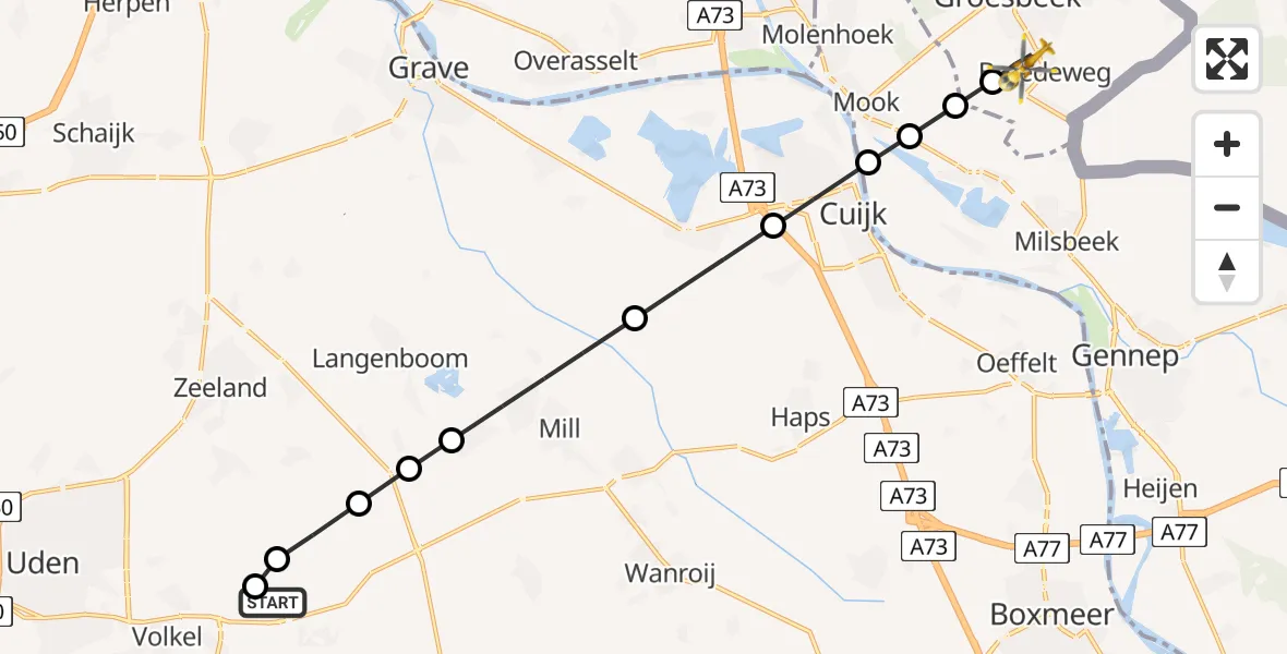 Vluchtroute Traumahelikopter van Vliegbasis Volkel naar Breedeweg