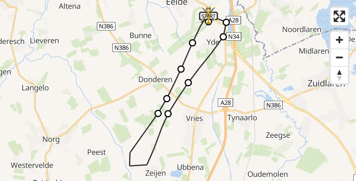 Vluchtroute Traumahelikopter van Groningen Airport Eelde naar Groningen Airport Eelde
